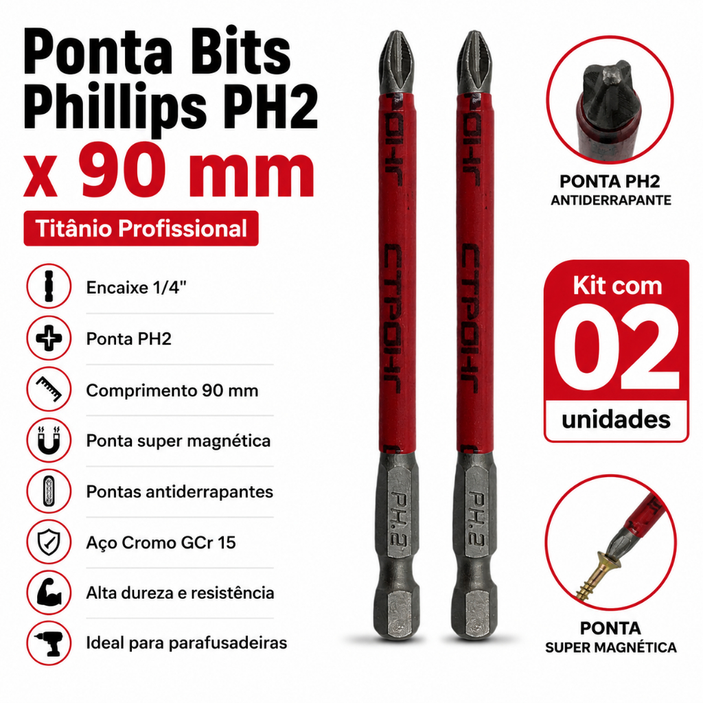 Jogo Bits Com imã PH2x90MM Usado em Parafusadeira ou Furadeira - 2UNI