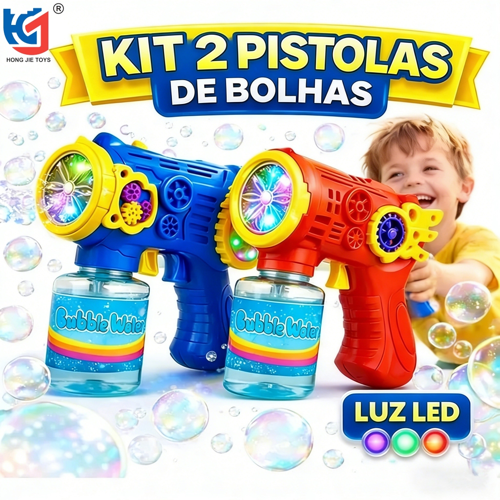 Pistola de Bolhas de Sabão Automática Elétrica Máquina Kit 2 Brinquedo Infantil Lançador LED Luminoso