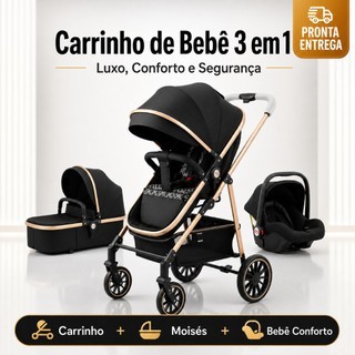 Carrinho De Bebê 3 Em 1 Premium Luxo Moisés + Bebê Conforto Completo Reclinável Rodas Com Amortecedor Kit Enxoval Segura