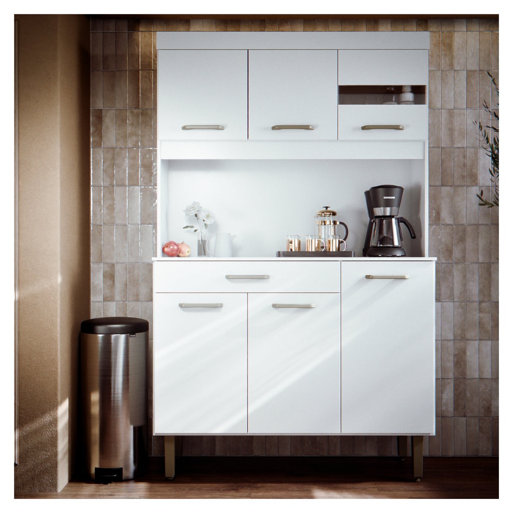Armario de Cozinha Compacta Carla 6 Portas e Gaveta Com Detalhe em Vidro Complet