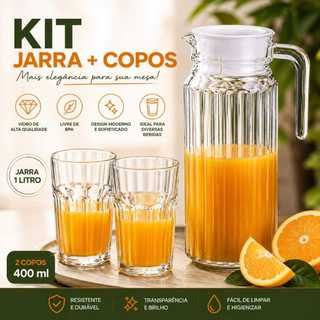 Jarra de Vidro 1 Litro com Tampa Com 2 Copos 400 Ml Jarra de Suco  Jarra de Agua, Vidro  Canelado