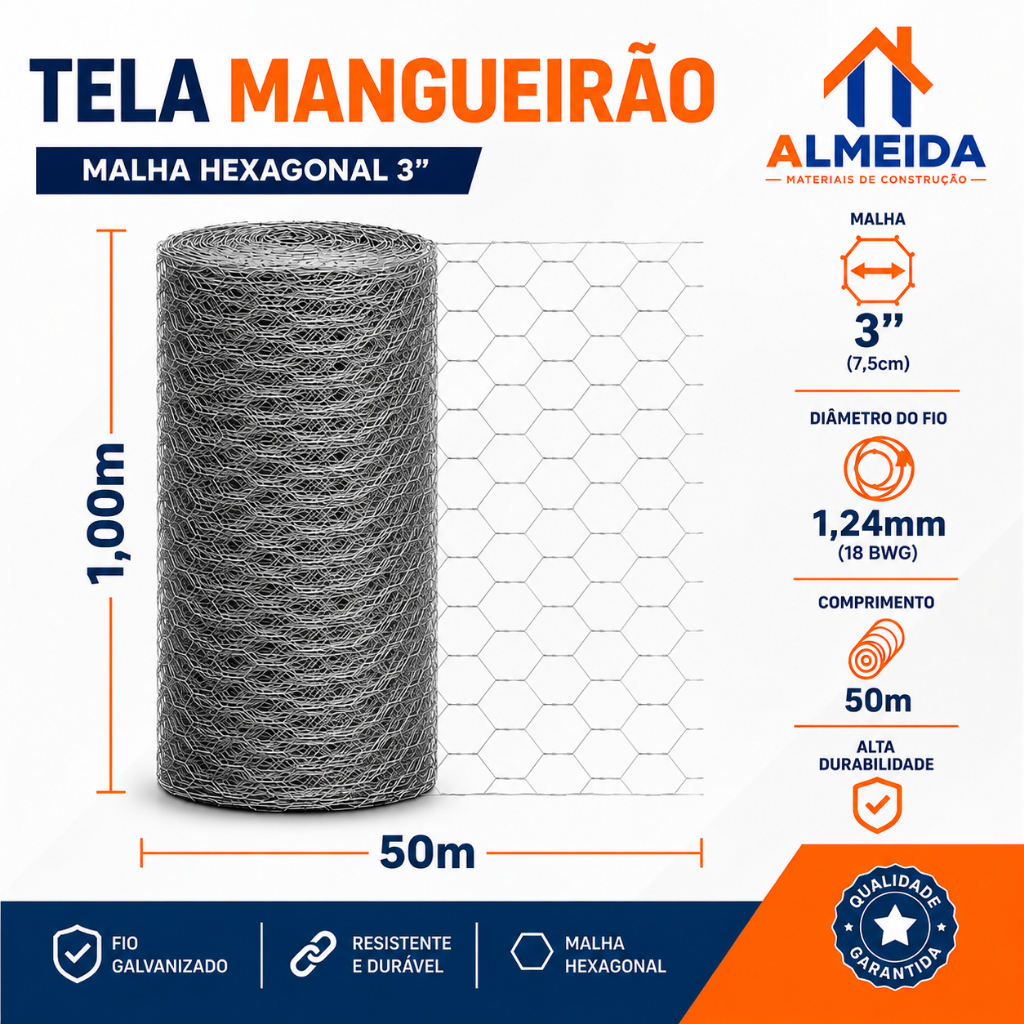 Tela Mangueirão 1,00x50m Fio 18 Galvanizada a Fogo Cerca Rural Forte para Porcos, Galinhas, Cães e Outros Animais