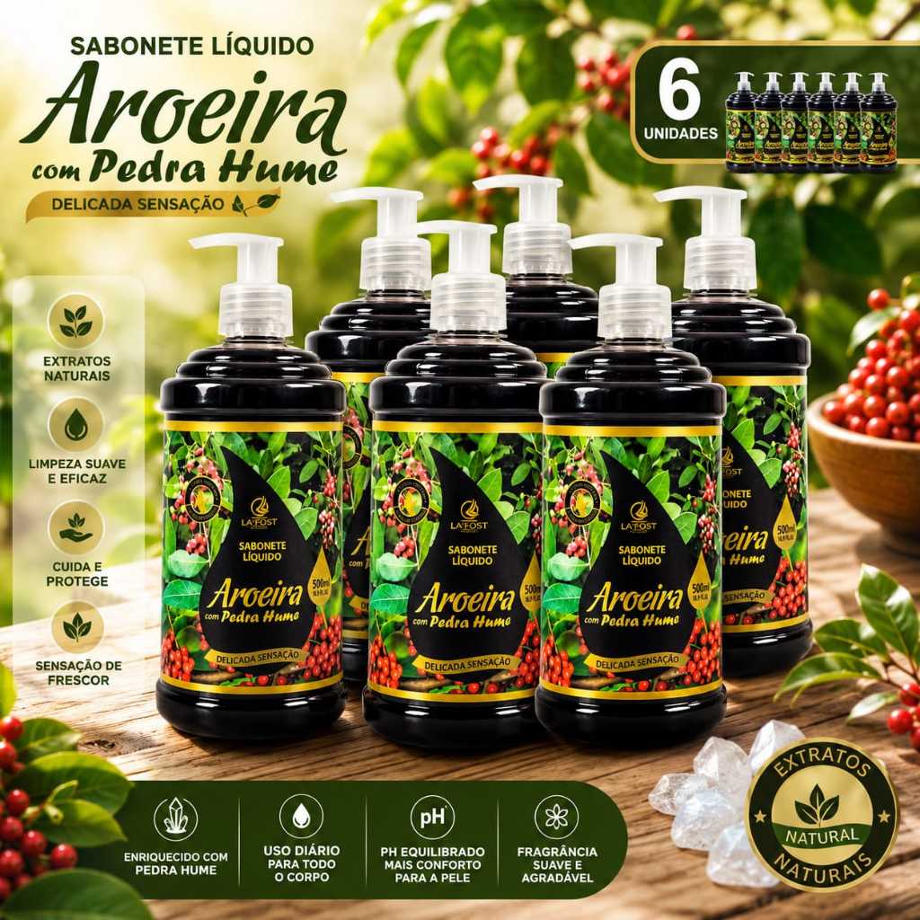 SABONETE LÍQUIDO AROEIRA COM PEDRA HUME - 6 UNIDADES 500ML