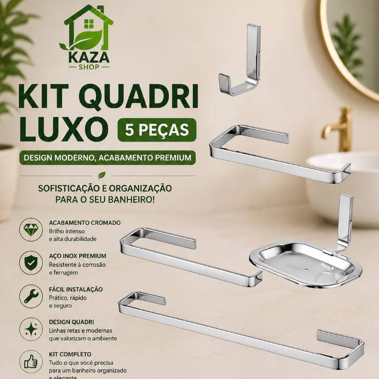 Kit Banheiro Acessórios Luxo Quadrado 5 peças Inox Cromado