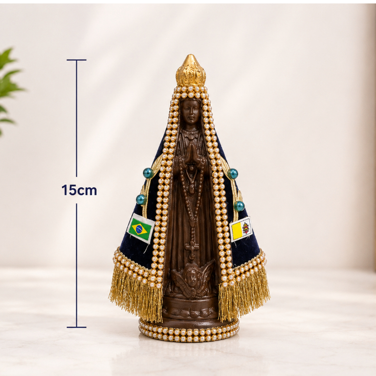 Imagem Nossa Senhora Aparecida 15cm Manto Colado Pérolas Decorada Católica Resina Decoração Religiosa