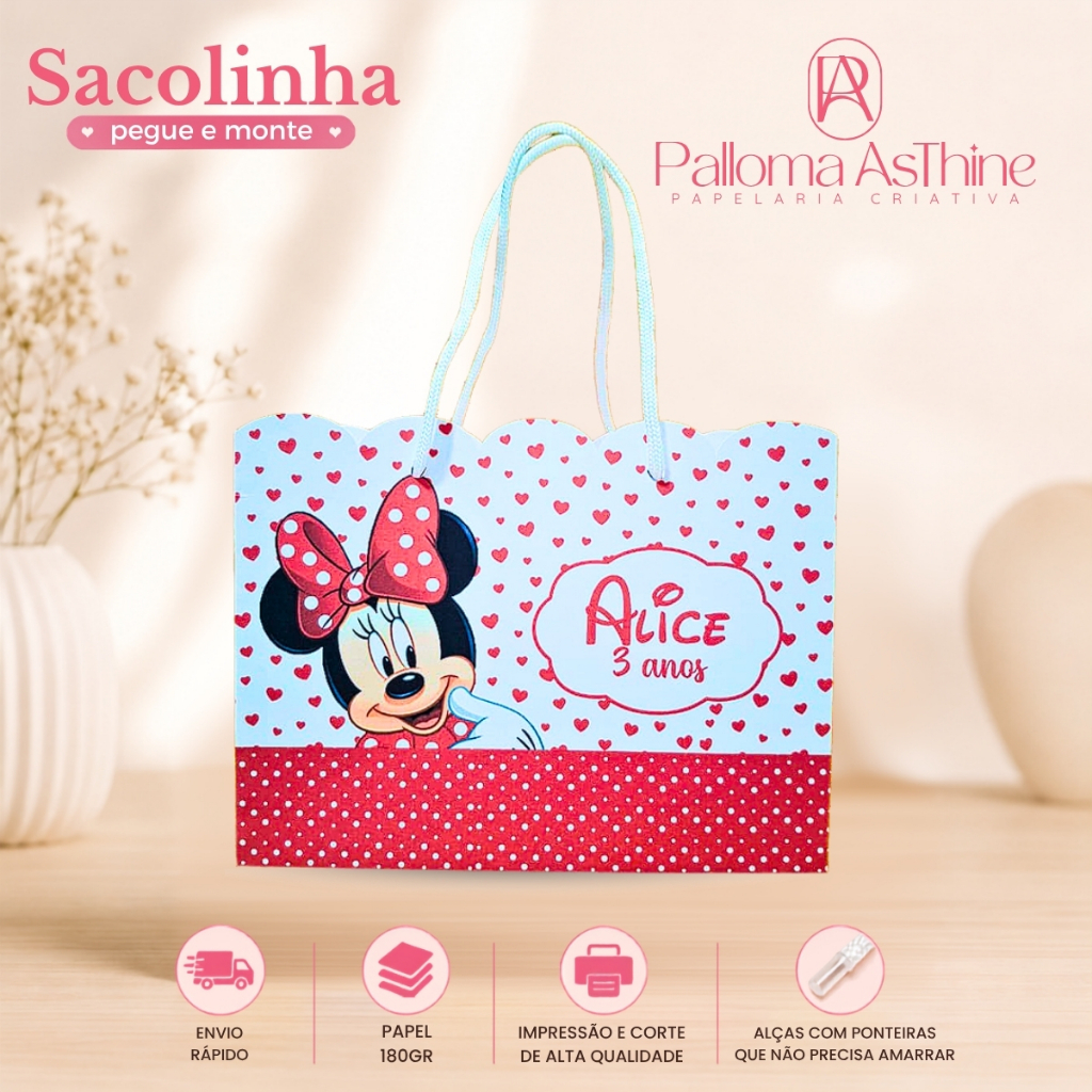 Sacolinha pegue/monte minnie lembrancinha personalizada aniversário 20x15x7cm