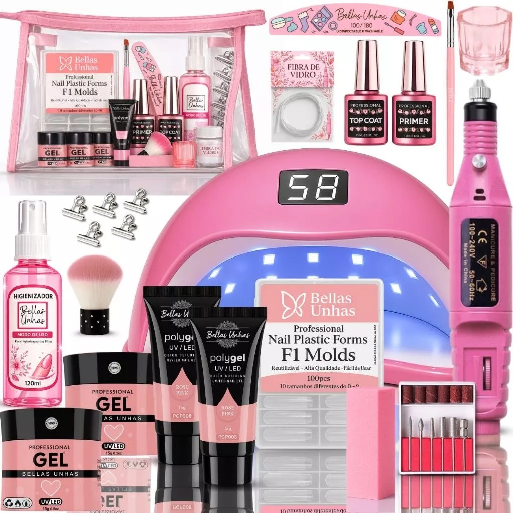 Kit Alongamento de Unha em Gel Polygel Poligel Fibra 3 em 1 Completo + Cabine Lixadeira Nécessaire