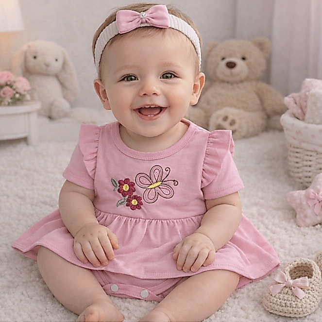 Body Saia Bebê Menina Borboleta Bordada com Faixa de Cabelo Recém Nascisda 0 a 3 meses Confortável