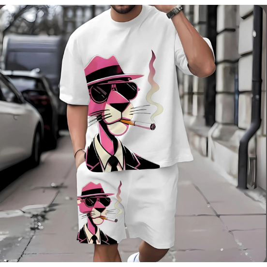 Conjunto Camiseta e Bermuda Pantera Rosa Streetwear Masculino 100% Algodão P ao GG