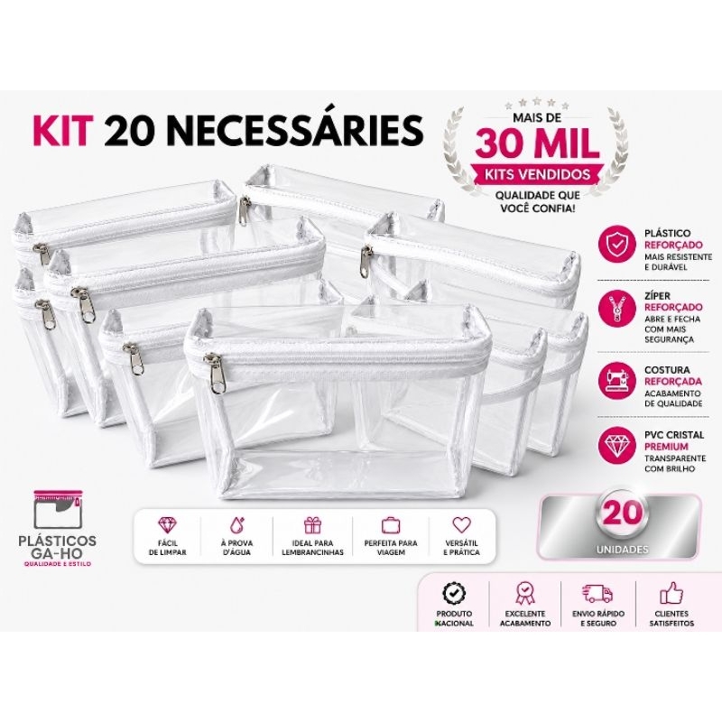 🔥Kit c/20 peças de Necessaire Organizador  Multiuso Impermeavel Transparente - Plastico PVC Cristal e Ziper Branco