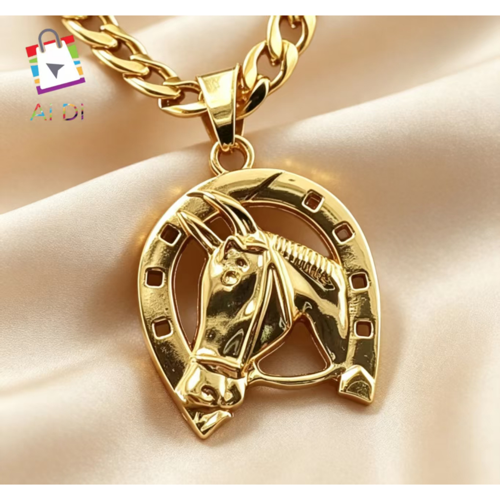 Colar Pingente Cabeça de Cavalo e Ferradura Dourado, Aço Inoxidável Unissex Sorte