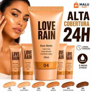 Base Love Rain Matte 30ml Alta Cobertura 24h À Prova D'Água Longa Duração 6 Tons Base Líq…