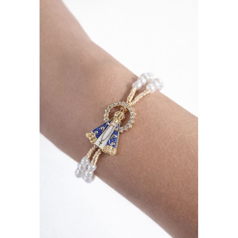 Terço de Pulso Perola Nossa Senhora Aparecida Resplendor Pulseira Acessório Religioso Católico Religioso Proteção