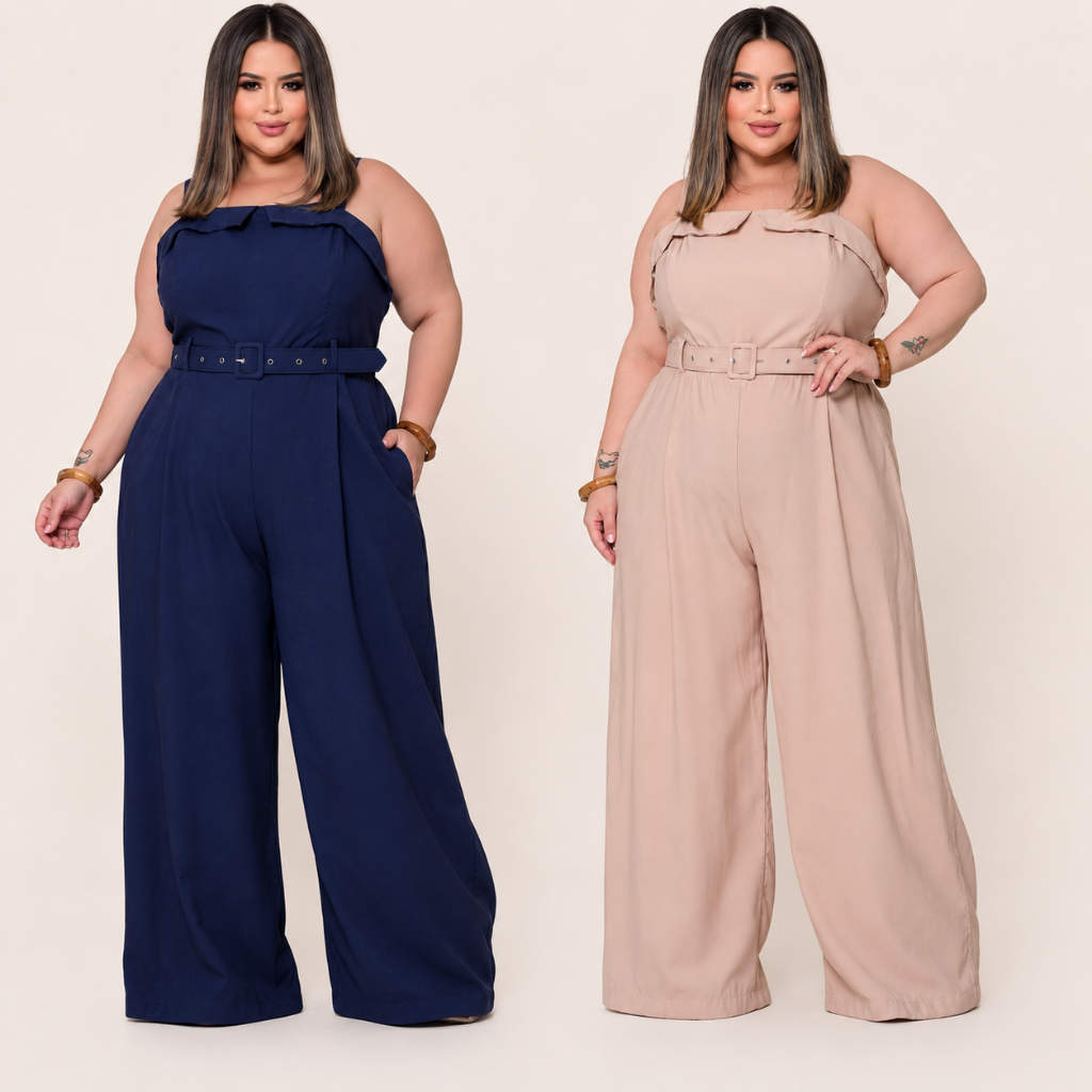 Macacão Feminino Plus Size Alfaiataria Elegante Alça Regulável Com Cinto