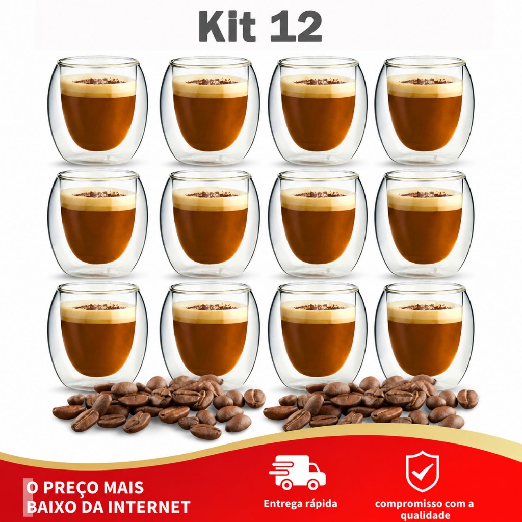 Kit 12 Xícaras De Vidro Duplo 80ml Luxo - Não Queima a Mão - Para Café Expresso