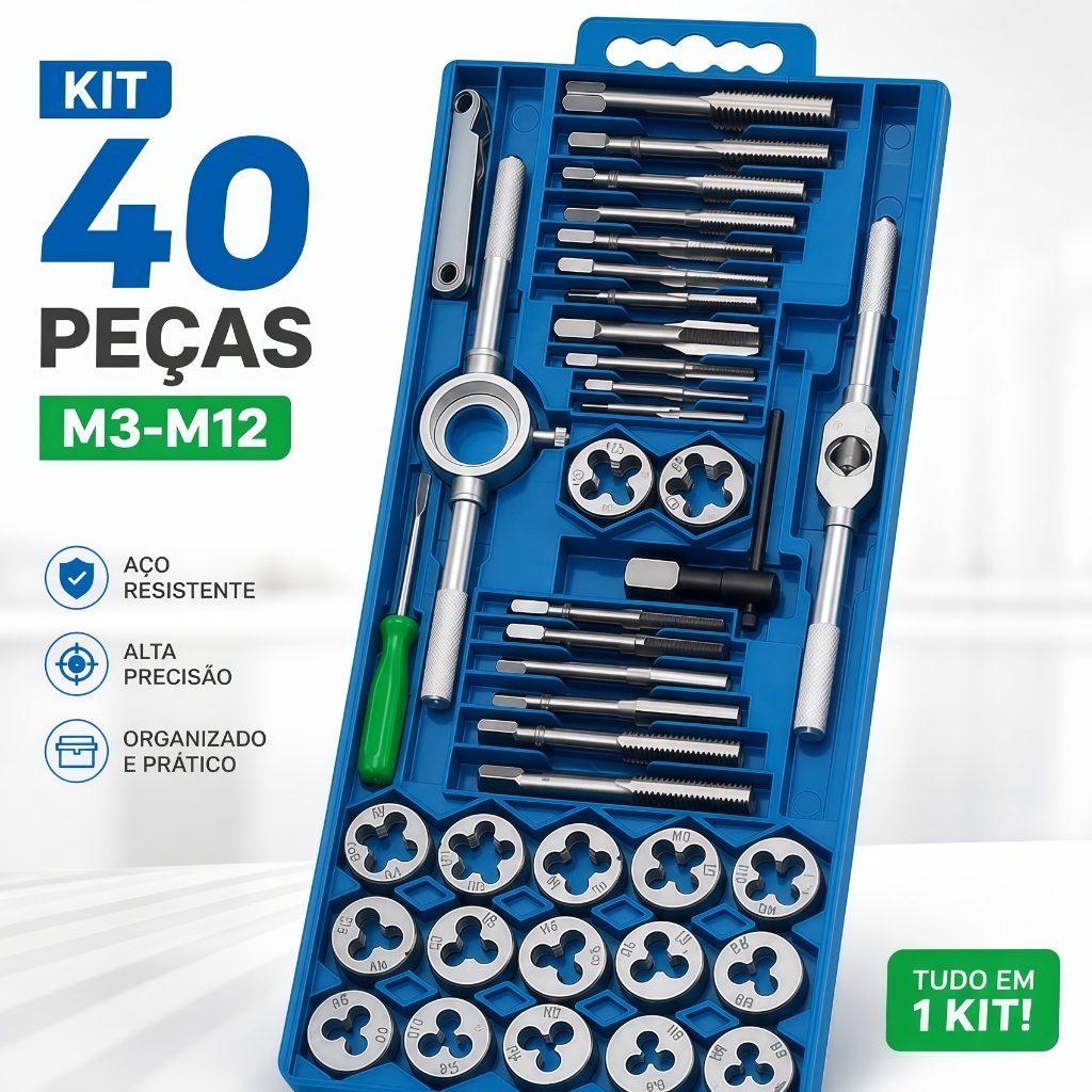 Jogo de Tarrachas e Machos 40 Peças para Abrir Rosca Manual Kit Completo M3-M12 com Chave Vira Macho e Estojo Prático
