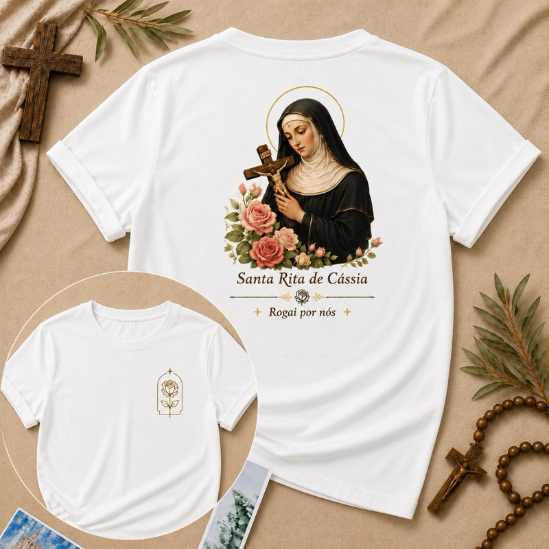 Roupa Católica Santa Rita de Cássia Unissex 100% Algodão Camisa Básica Exclusica Gola Redonda Oferta Frete Gratis — imagem 2 de 2