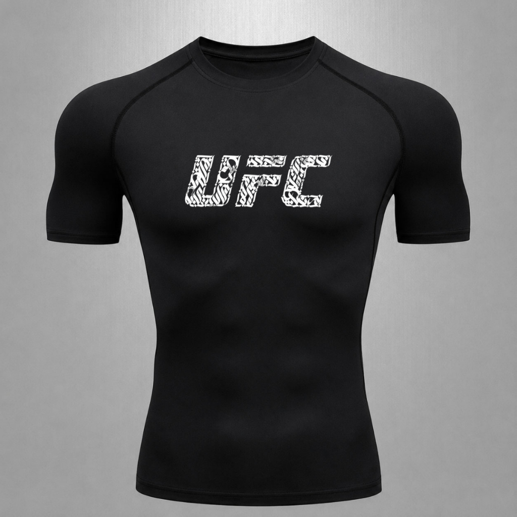 Camiseta Compressão Masculina UFC Fitness Academia Treino Esportiva Preta Branca