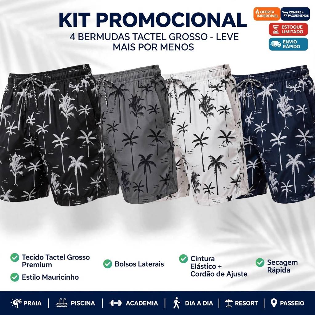 Kit 4 Bermudas Masculina Mauricinho Elastano Estampada Coqueiro Tactel Short Praia