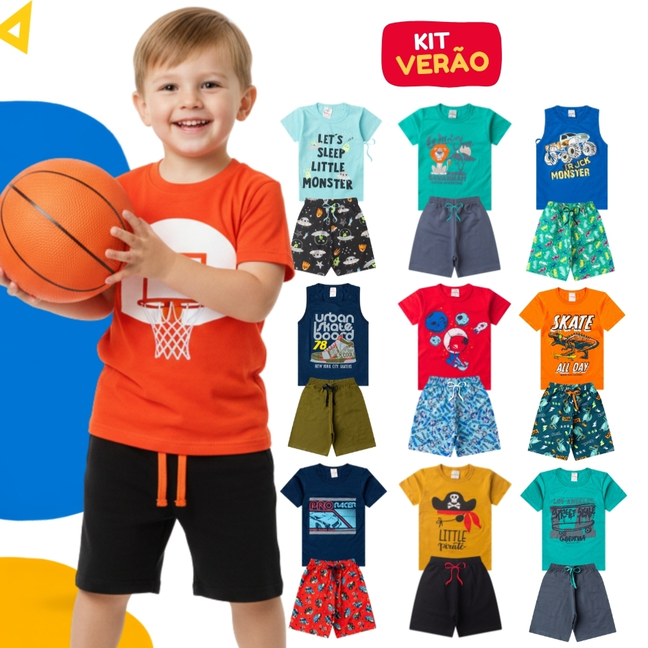 2 Peças Roupa Infantil Menino Verão 1 Conjunto Masculino Premium Algodão - Camiseta e Bermuda Masculina Tamanho 1 ao 14