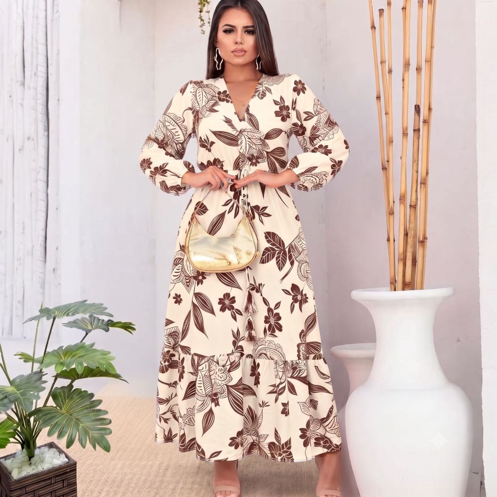 Vestido Feminino Novo Longo Estampado Tecido duna e crepinho