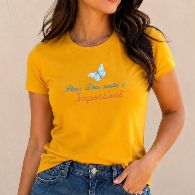 Blusa Feminina T-shirt e Pluz Size 100% Algodão Básica Confortável Estampada com Manga Bordada Camiseta