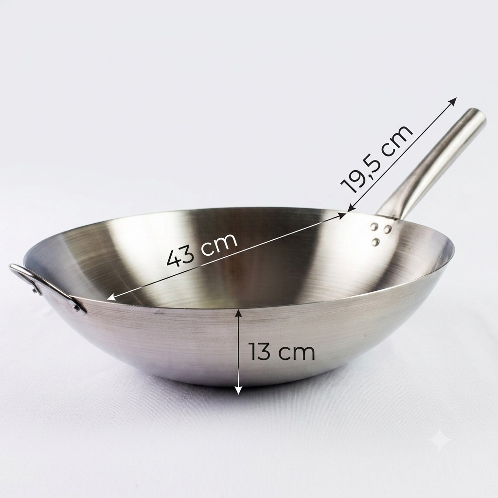 Imagem Panela Wok Grande Aço Inox 43cm com Cabo e Alça Profissional Fritura Yakissoba Cozinha Oriental