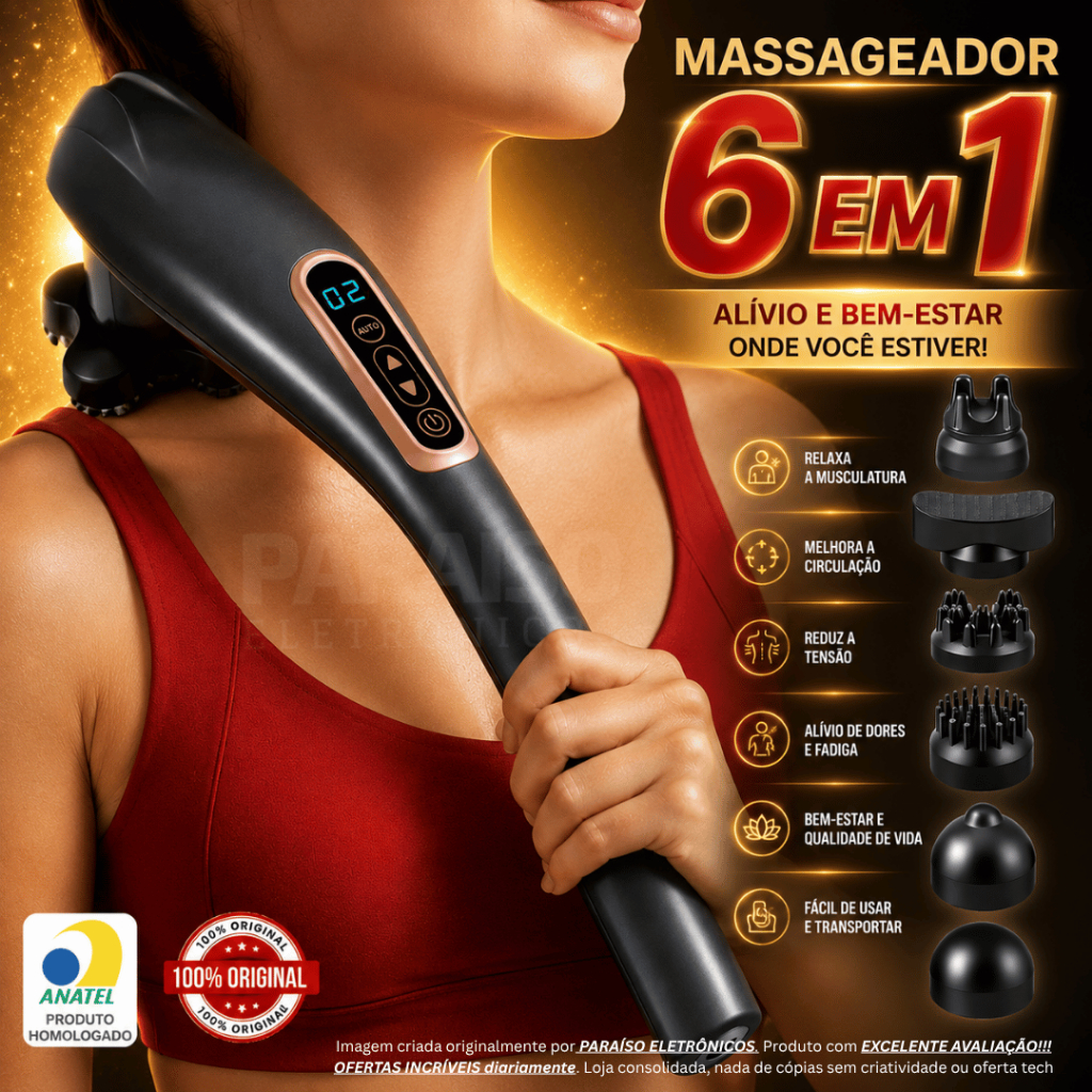 Massageador Elétrico 6 em 1 Corporal Potente Ergonômico Multifuncional Terapia 10 Velocidades