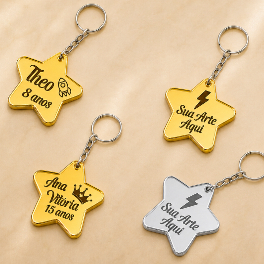 CHAVEIRO ESTRELA PERSONALIZADO EM ACRILICO ESPELHADO - PARA LEMBRANCINHA DE ANIVERSARIO, BATIZADO, CASAMENTO E EVENTOS