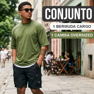 Conjunto Oversized Masculino Camisa Premium Bermuda Cargo Bolso Lateral