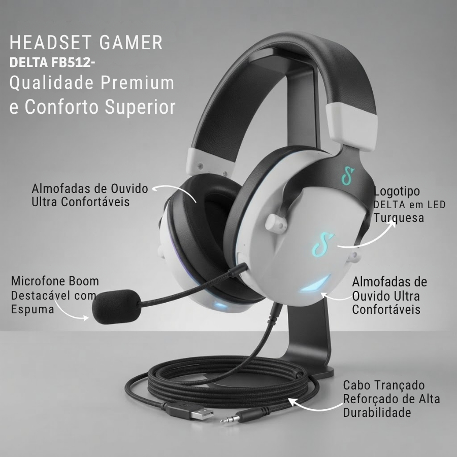 Headset DELTA FB512 Fone Gamer RGB com Microfone com Fio USB e P2 Para PC Computador Celular Headphone Videogame
