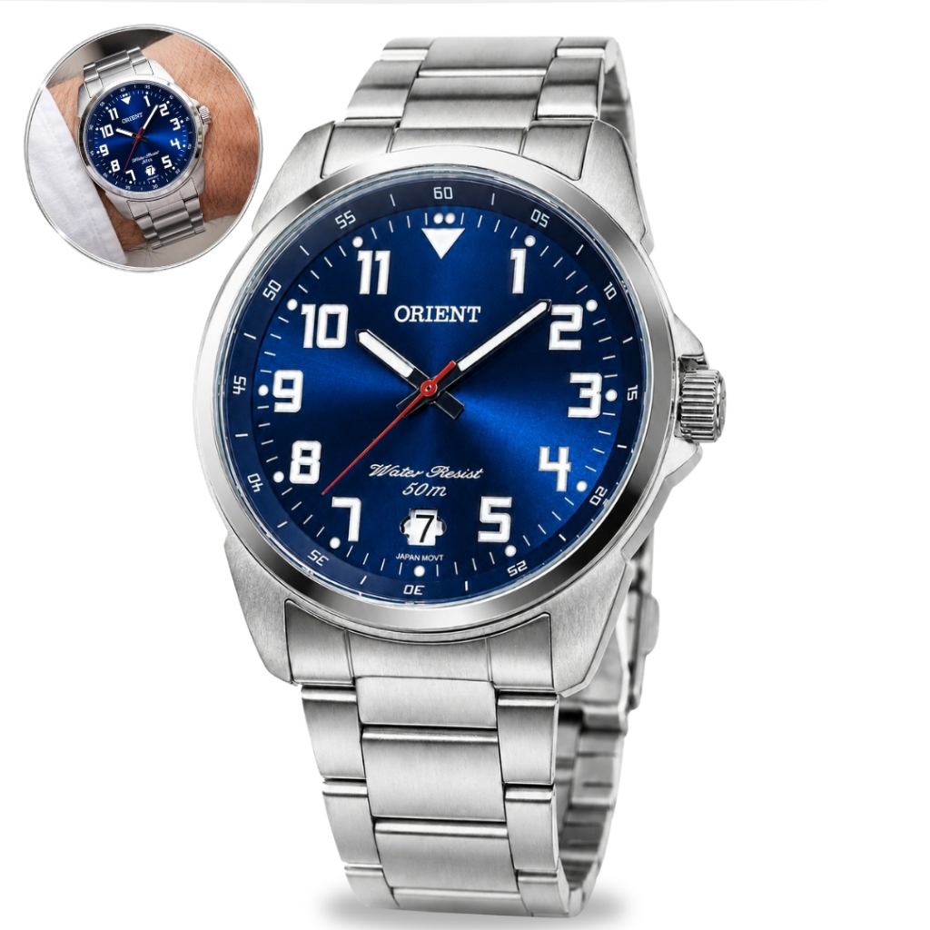 Relógio Orient Masculino De Pulso Prateado Fundo Azul Em Aço Inoxidável Calendário Prova D'agua 50 Metros Original