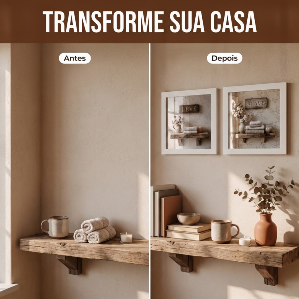 Quadro Decorativo Banheiro Kit 2 Peças 18x18cm Lavabo Algodão Boho Clean Com Vidro Moldura Madeira — imagem 2 de 2