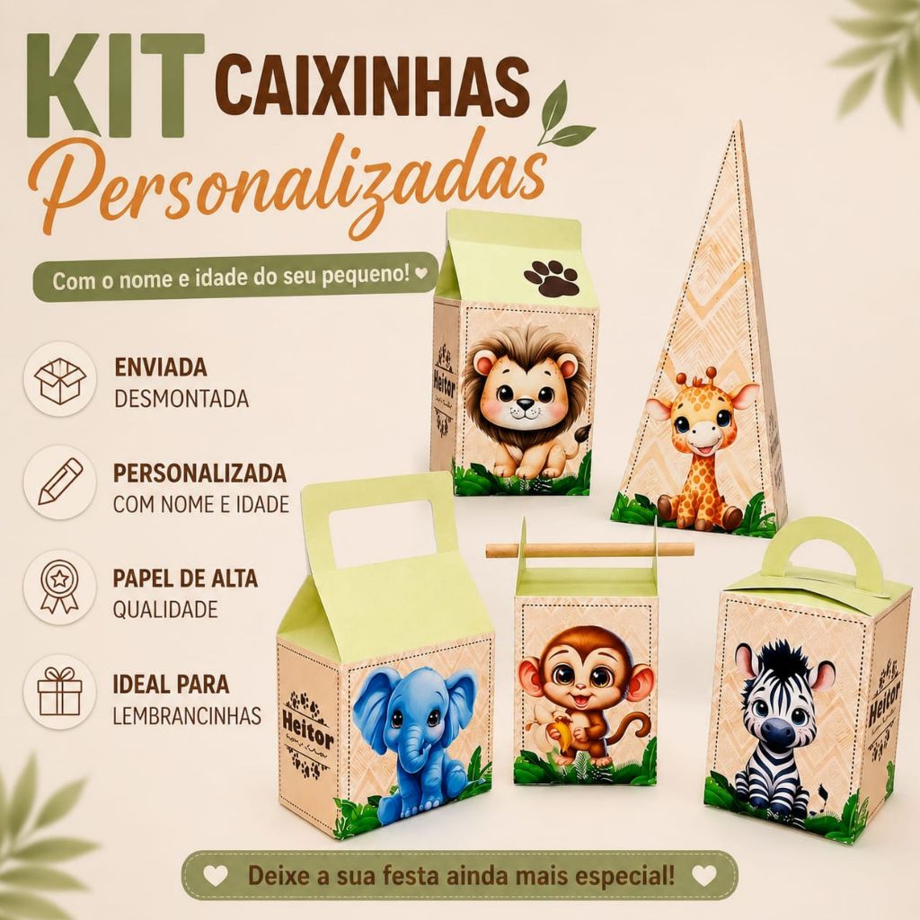Kit Caixinhas Personalizadas Safari Festa Infantil Lembrancinhas Papelaria Personalizada Decoração Aniversário