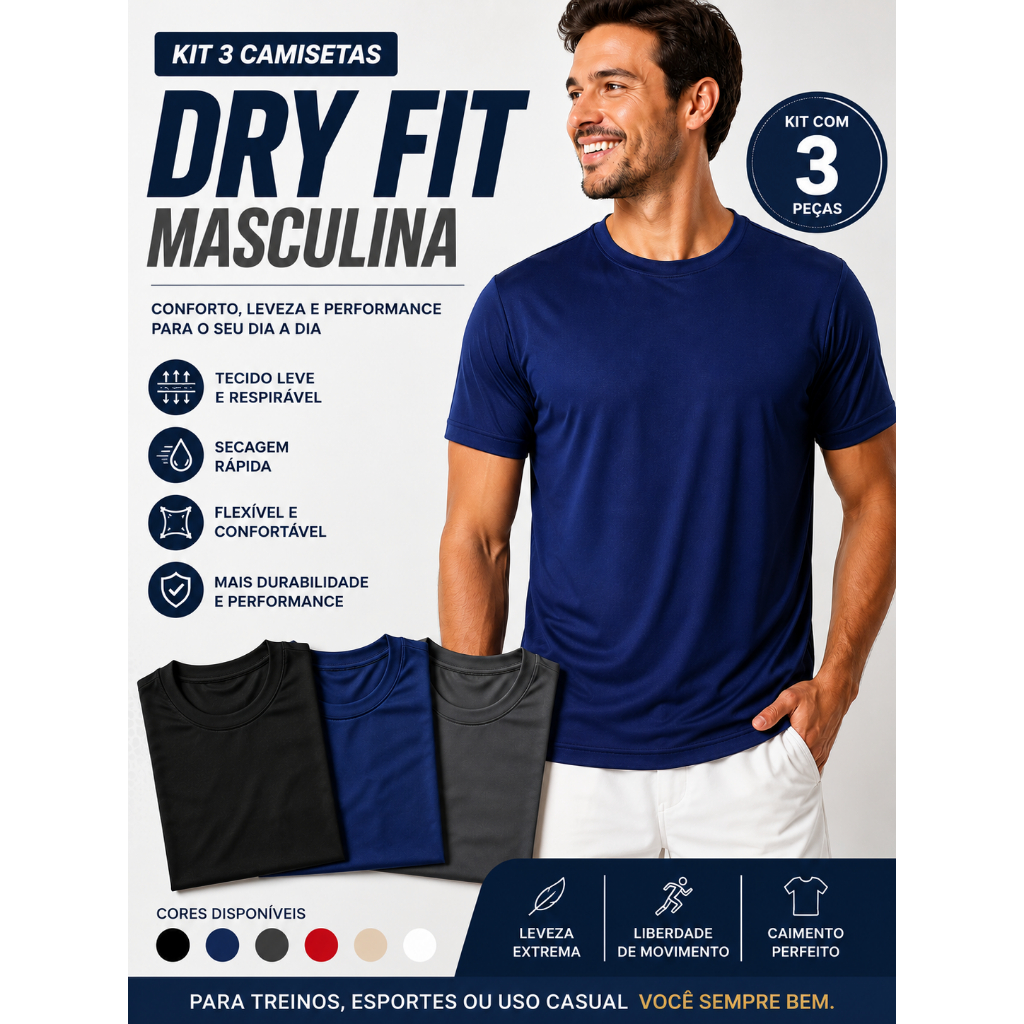 Kit 3 Camisetas Dry Fit Masculina Academia Esportiva Fitness Corrida Treino Manga Curta Básica