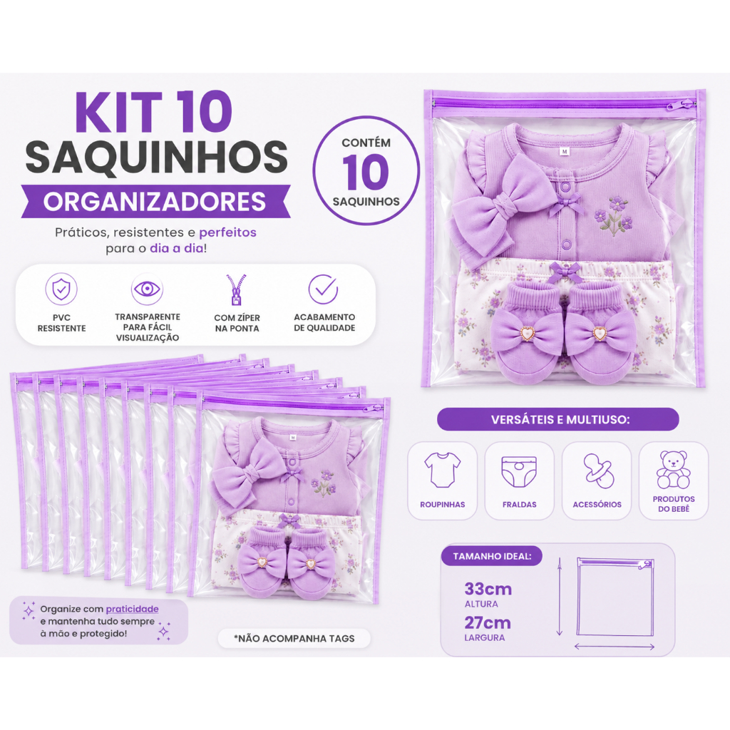 Kit 10 Saquinho Saco Maternidade Bebê Organizador Menino Menina