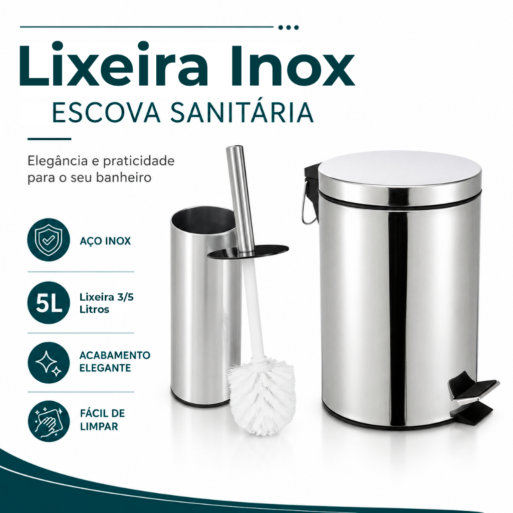 Lixeira 3/5L Escova Sanitária P/ Banheiro Luxo Chique Premium Inox Durável