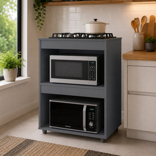Balcão p/ Cooktop 4 ou 5 Bocas Cor Cinza Cozinha Moderna Organizador Armário 2 Nichos Tampo - Monlyar