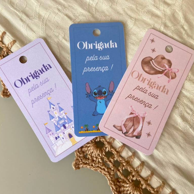 Tag Lembrancinha stitch, princesas, boiadeira Personalizada | Cartão Agradecimento Aniversário