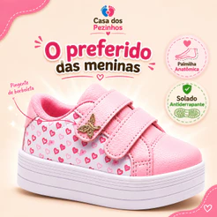Tênis Infantil Menina com Velcro e Pingente Borboleta
