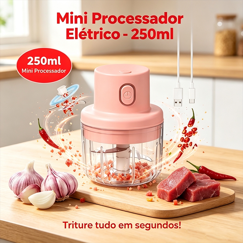 Mini Processador Elétrico 250ml Recarregável USB Triturador Alimentos Moedor de Alho, Carne, Cebola e Legumes Compacto p