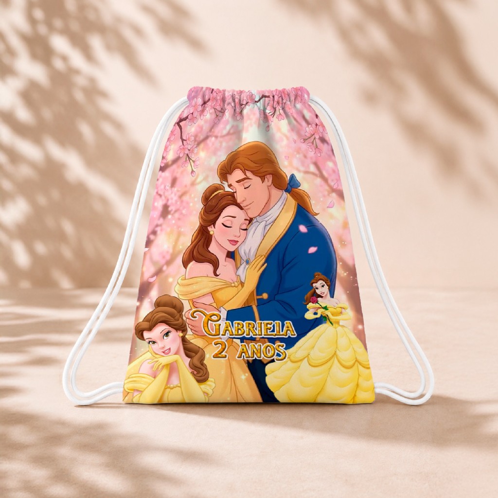10 Mochila Personalizada Infantil 18x26 Sacolinhas Surpresa Festa Aniversário Lembrancinha A Bela e Fera M2