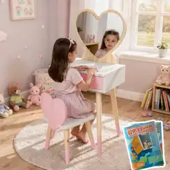 Penteadeira Infantil Cadeirinha Espelho Coração Madeira Faz de Conta Beleza Kit Livro Educativo