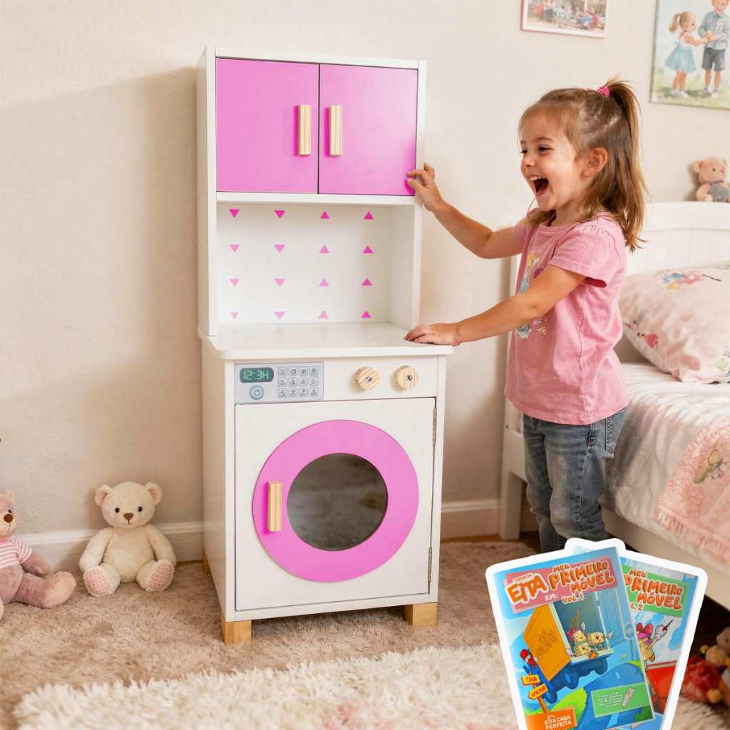 Mini Máquina de Lavar Infantil Madeira Brinquedo Pedagógico Criança Montessori Lúdico Didático Kit Livro Educativo