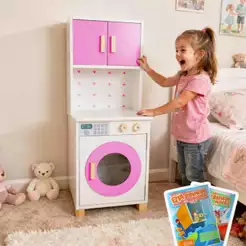 Mini Máquina de Lavar Infantil Madeira Brinquedo Pedagógico Montessori Kit Livro Educativo