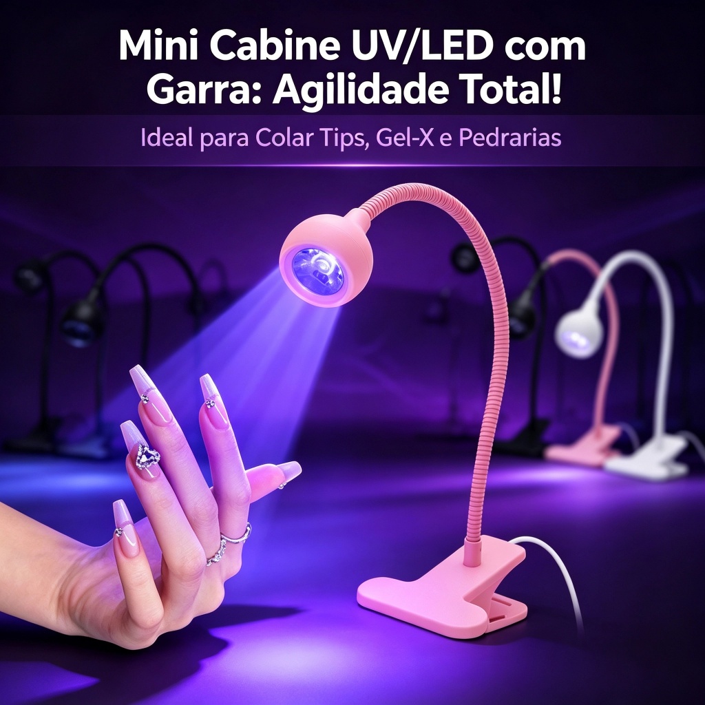 Mini Lâmpada UV LED com Garra Flexível para Unhas Seca Gel, Tips, Gel-X e Pedrarias Luz Ultravioleta Portátil Ideal para