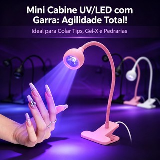 Mini Lâmpada UV LED com Garra Flexível para Unhas Seca Gel, Tips, Gel-X e Pedrarias Luz Ultravioleta Portátil Ideal para