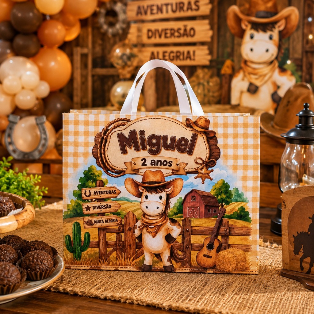 Sacolinha Personalizada Rodeio Cowboy Fazendinha com Nome e Idade | Lembrancinha Infantil Pegue e Monte