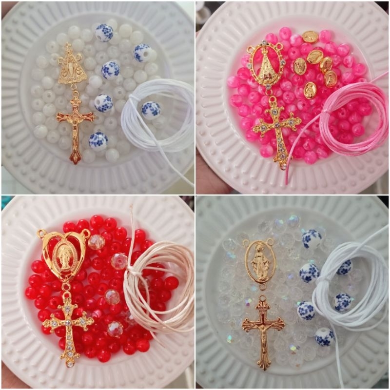 Kit Terço Católico para Montagem Artesanal com Contas, Crucifixo e Fio