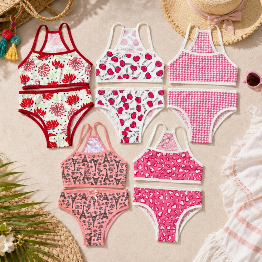 Kit de 3 Conjuntos Infantil Menina Criança Biquini 6 peças Feminino Infanto Juvenil promoção